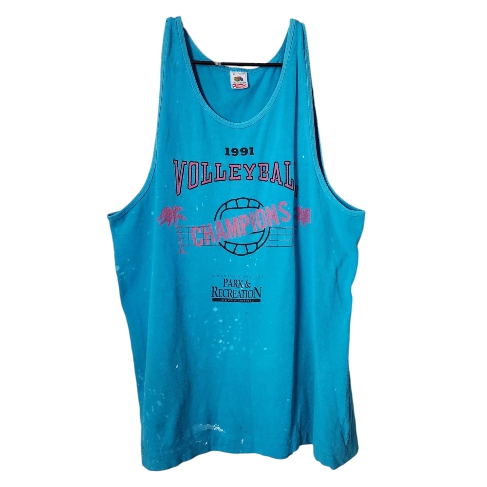 VINTAGE 90's neon parks & recreation Volleyball‎ Champions tank blue pink XL